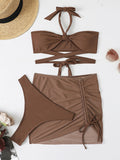 Dreiteiliges Bikini-Set mit Kordelzug und Bandage in Volltonfarbe