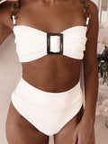 Solid Color Hollow High-Waisted Chains Buckle Bandage Padded Spaghetti-Neck Swimsuits Bikini Swimsuit