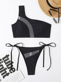 Padded Mesh Bandage Split-Joint One-Shoulder Bikini Swimsuit