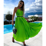 V Neck Satin Ruffle Sling Maxi Dress