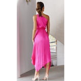 One Shoulder  Irresistible Desire Satin Ruffle Midi Dress