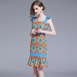 Flaxmaker Sling Bowknot Retro Printed Dress