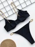 Plain Pin Buckle Chain Bikini Swimsuit