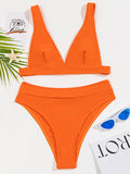 Einfarbige Bikini-Bademode mit hoher Taille und V-Ausschnitt