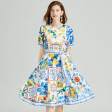 Majolica Print Tie Waist Midi Dress Flaxmaker