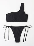 Padded Mesh Bandage Split-Joint One-Shoulder Bikini Swimsuit