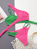 Color-Block Belly-Hollow Bandage Padded One-Shoulder Bikini Swimsuit