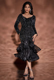 V Neck Sequin Long-sleeved  Ruffle Dress