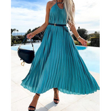 V Neck Satin Ruffle Sling Maxi Dress