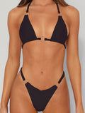 Solid Color Hollow Bandage Backless Padded Halter-Neck Bikini Swimsuit