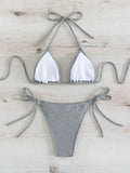 Einfarbiger, rückenfreier, gepolsterter Neckholder-Bikini-Badeanzug mit Bandage