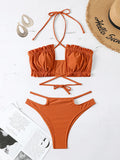 Drawstring Falbala Halterneck Hollow Bikini Swimsuit