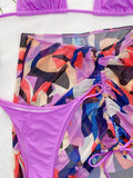 Halterneck Triangles Split Bikini Swimsuit+Coloful Cover-Up Three-Piece Set