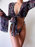 Dreiteiliger gepolsterter Neckholder-Bikini-Badeanzug mit Leopardenmuster