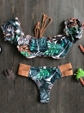 Bikini-Bademode mit Blumenmuster, Puffärmeln und Schnürung