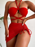 Dreiteiliges Bikini-Set mit Kordelzug und Bandage in Volltonfarbe