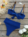 Solid Color Hollow High-Waisted Chains Buckle Bandage Padded Spaghetti-Neck Swimsuits Bikini Swimsuit