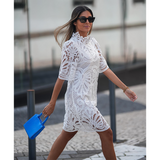 Lace Stand Up Collar Mid Sleeve Mini Dress