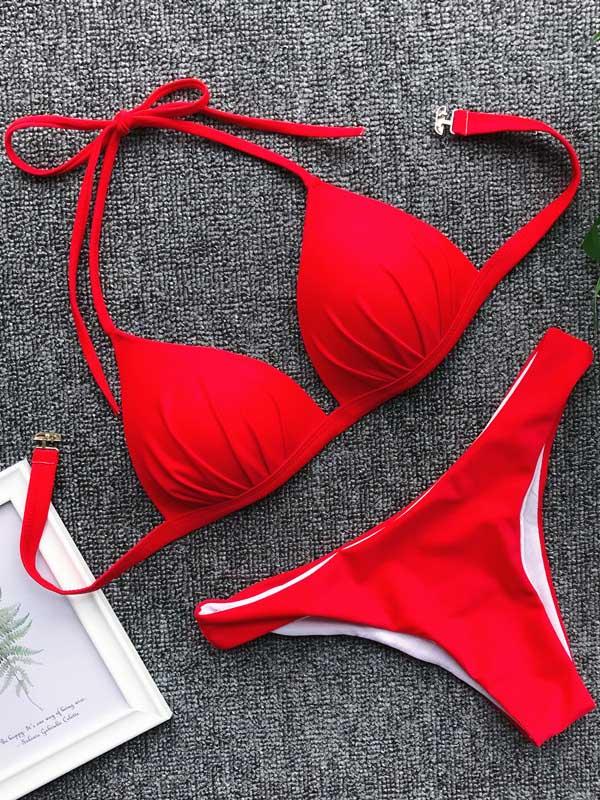 Halter-Neck Plain Bikinis Swimwear