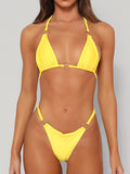 Solid Color Hollow Bandage Backless Padded Halter-Neck Bikini Swimsuit