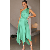 One Shoulder  Irresistible Desire Satin Ruffle Midi Dress