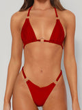 Solid Color Hollow Bandage Backless Padded Halter-Neck Bikini Swimsuit