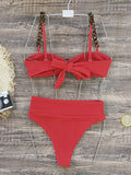 Solid Color Hollow High-Waisted Chains Buckle Bandage Padded Spaghetti-Neck Swimsuits Bikini Swimsuit