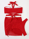 Drawstring Bandage Solid Color Bikini Swimsuit Three Pieces Set