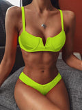 V-Neck Padded Solid Color Bikini Swimsuit