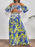 Halter Puff sleeve Printed Blue Maxi Dress