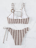 Padded Color-Block Hollow Striped Bikini Swimsuit