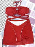 Solid Color Bandage Hollow Bikini+Cover-Up Three-Piece Set