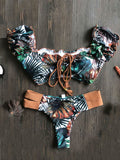 Bikini-Bademode mit Blumenmuster, Puffärmeln und Schnürung