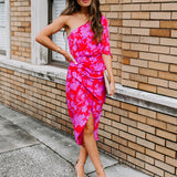 One Shoulder Printed Midi Dress