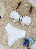 Solid Color Hollow High-Waisted Chains Buckle Bandage Padded Spaghetti-Neck Swimsuits Bikini Swimsuit