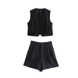 Black Sleeveless Linum Solid Color Two Piece Set