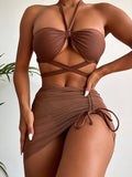 Dreiteiliges Bikini-Set mit Kordelzug und Bandage in Volltonfarbe