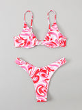 Solid Color Printed Hollow Backless Padded Spaghetti-Neck Bikini Swimsuit