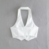 Fashion Halter Buttons Solid Color Two Piece Set