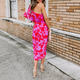 One Shoulder Printed Midi Dress