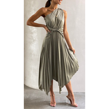 One Shoulder  Irresistible Desire Satin Ruffle Midi Dress