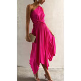 One Shoulder  Irresistible Desire Satin Ruffle Midi Dress